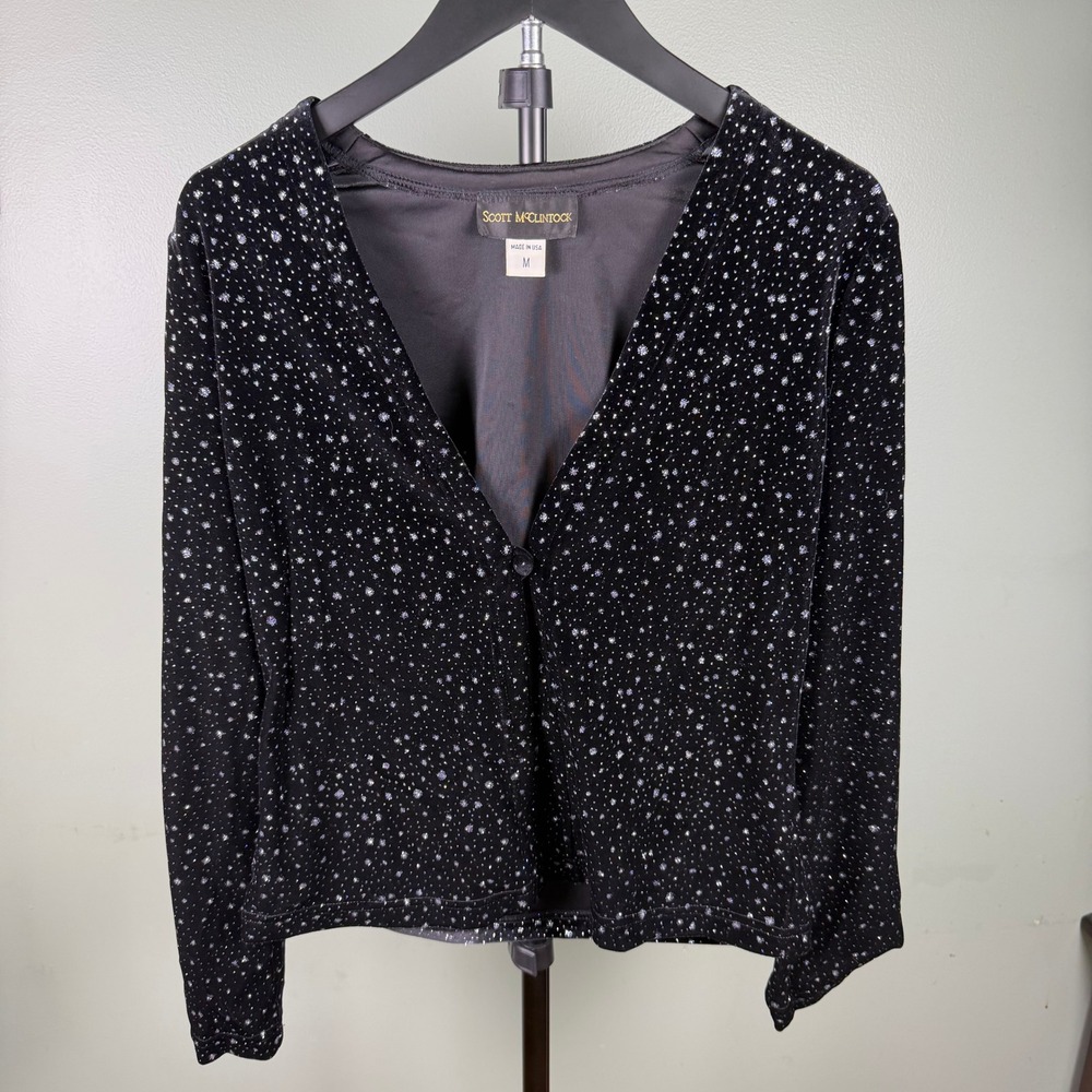 Scott McClintock Vintage Whimsical Goth Women Cardigan Black Glitter Velvet